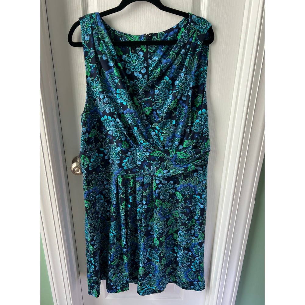 Talbots Womens Dress Blue Green Floral Sleeveless V Neck Stretchy Size 20
